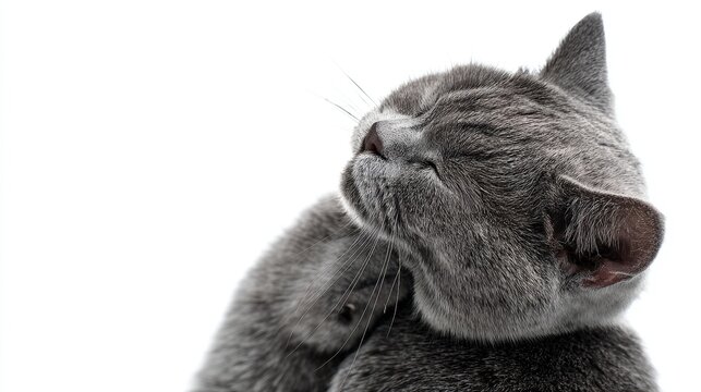 Close-up of gray cat scratching its head on white background