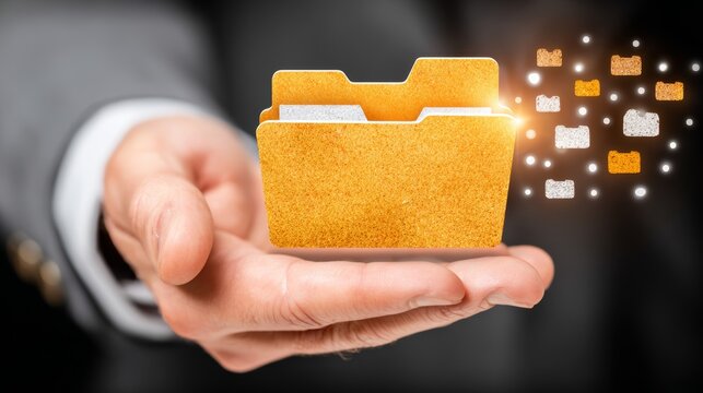 Caucasian male hand holding digital file folder icon symbolizing data management