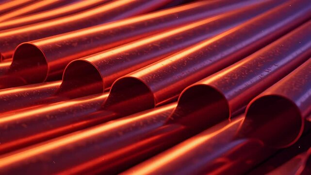 Abstract Red Metallic Cylinders Rows with Dramatic Lighting