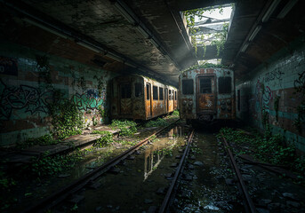 Fototapeta premium Dark Abandoned Subway Tunnel with Rusted Train and Flooded Tracks