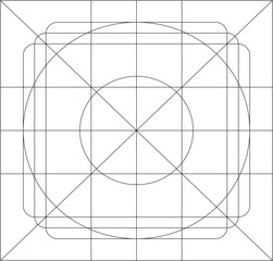 Geometric grid template for app icon design, vector wireframe layout with circle and square shapes