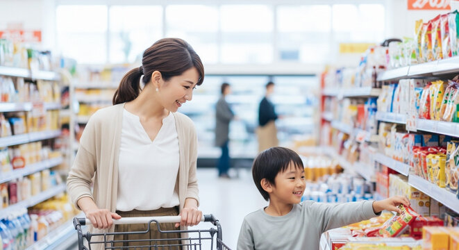 スーパーで買い物をする親子