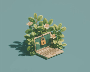 植物に囲まれたノートパソコンと南京錠のベクターイラスト
