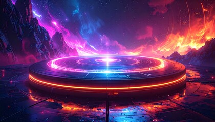 A futuristic, circular platform glows with vibrant neon lights against a backdrop of dramatic, mountain-ringed, night sky.