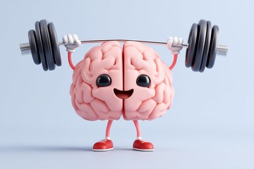 Cartoon brain lifting weights with dumbbell on blue background