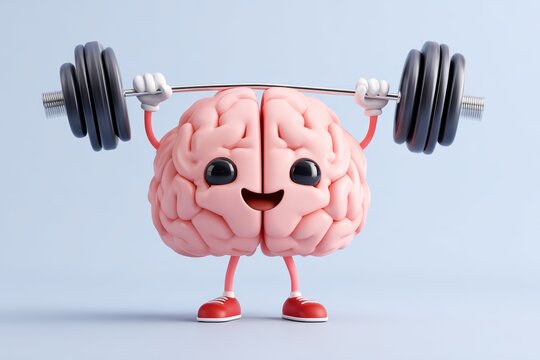 Cartoon brain lifting weights with dumbbell on blue background - Powered by Adobe