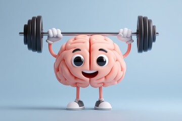Smiling cartoon brain lifting weights on blue background
