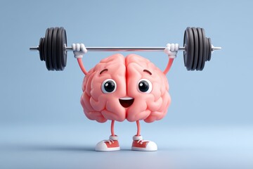 Cartoon brain lifting weights in athletic shoes on blue background