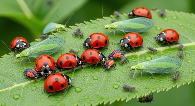 Closeup of beneficial predators like ladybugs and lacewings on green leaves controlling pest populations naturally.