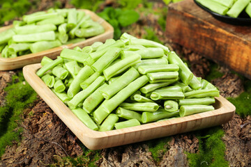 Fresh Green Beans in Wooden Trays on Rustic Bark Surface - Organic Vegetable Harvest Display