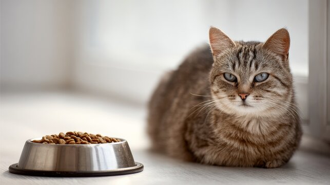 Striped tabby cat relaxing indoors near full bowl of cat food