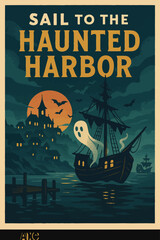 Vintage Halloween poster illustration of a haunted harbor with ghostly ship, eerie village, bats, and glowing full moon in spooky night atmosphere.