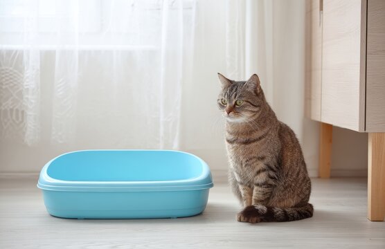 Tabby cat sitting by blue litter box in sunlit room right side view - Powered by Adobe