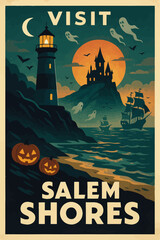 Vintage Halloween poster illustration of a haunted harbor with ghostly ship, eerie village, bats, and glowing full moon in spooky night atmosphere.