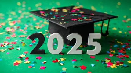 Graduation cap and 2025 numbers amidst colorful confetti on green background