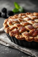 Delicious homemade berry pie with golden crust fresh from the oven on a dark background