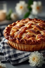 Freshly Baked Apple Pie with Lattice Crust and Decorative Flowers on Table