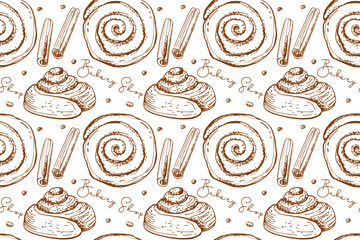 Seamless Cinnamon Bun pattern. Monochrome print with inscription, Pastry sweet bakery. Vector Round bun with icing, cinnamon stick, Repeated background for wallpaper, wrapping, textile, scrapbooking