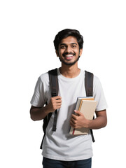 Happy student holds books with transparent background for education posters, social media posts, and digital presentations.