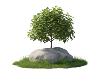 A small, verdant tree stands on a large, light gray rock, surrounded by a patch of short grass, set against a dark background.