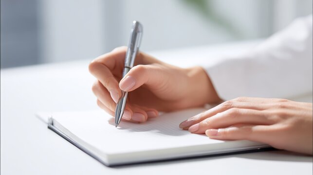 Caucasian female writing in a notebook with silver pen on desk