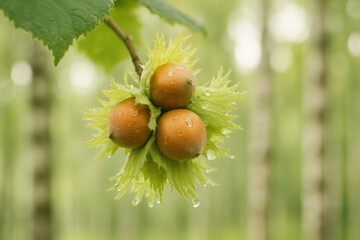 Obraz premium Hazelnuts On Branch After Rain In Green Forest