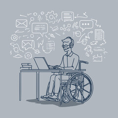 車椅子を使用する人物のベクターイラスト：リモートワーク、コミュニケーション、アクセシビリティ