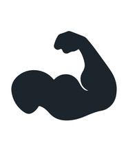 A detailed solid black silhouette of a muscular, flexed bicep, symbolizing intense power, strength training, and athletics.