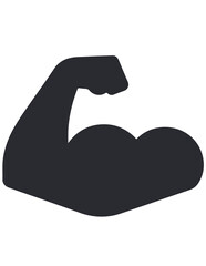Obraz premium A solid black silhouette icon of a powerfully flexed bicep, representing strength, bodybuilding, and physical fitness.