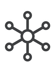 A simple black network icon with a central hub connected to six nodes, representing connectivity, technology, and systems.
