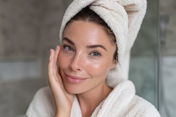 Obraz premium Woman in Towel with Soft Skin Touching Face in Modern Bathroom Setting