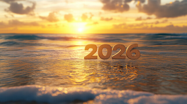 Minimalistic golden 2026 on a sunset beach background.