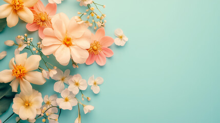Fototapeta premium Spring flowers, pastel background, with space for text.