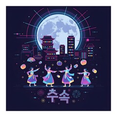 &ldquo;K-pop inspired neon vector of Chuseok celebration &mdash; glowing moon, colorful patterns, retro-futuristic style.&rdquo;