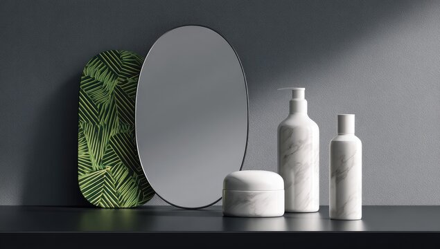 Modern minimalist bathroom vanity with oval mirror skincare bottles and decorative object. - Powered by Adobe