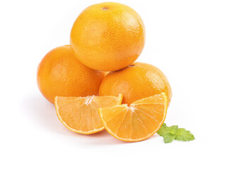 Fresh Orange Citrus Fruit with Slices and Mint Leaf Isolated on White Background