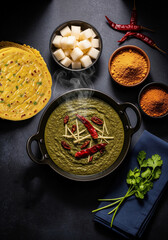 Authentic Indian Sarson ka Saag with Makki Roti and traditional side dishes.
