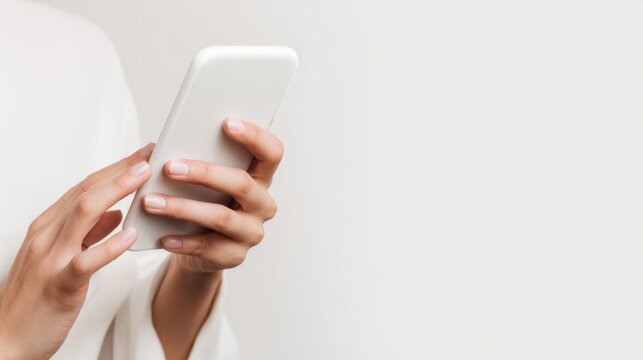 Female caucasian young adult using smartphone on white background