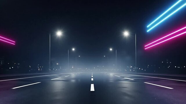 Empty dark road at night with bright streetlights and vibrant blue and pink neon strip lights illuminating the scene leading to a hazy city skyline