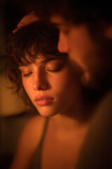 A soft-lit intimate moment between two people, showcasing emotion and connection in a cozy setting.