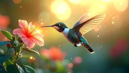 Naklejka premium A tiny hummingbird hovers near a blooming flower, bathed in warm, golden light. Delicate wings blur, and a soft bokeh creates a dreamy atmosphere