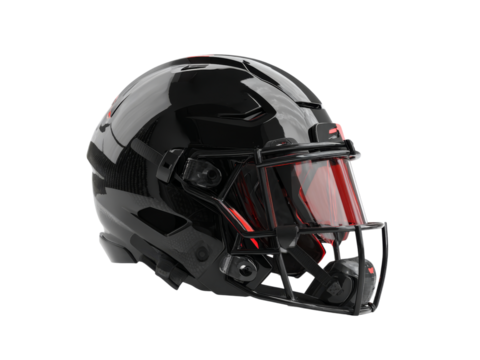 Modern black football helmet with red accents and visor, Isolated On White, Png Transparent