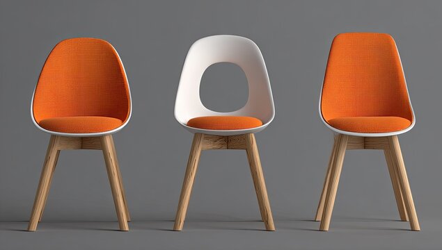Three modern chairs with orange fabric seats and light wood legs are shown against a grey backdrop. One chair features a unique cutout in its white shell