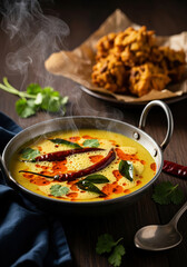 preparation of Punjabi Kadhi Pakora in a traditional pan with crispy fritters.