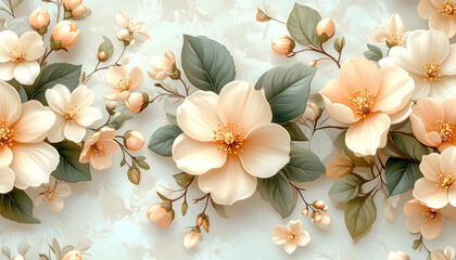 Blossoming Flora: A close-up depiction of delicate blooms showcases an array of petals, evoking serenity and freshness, with pastel colors and artistic detail.