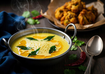 preparation of Punjabi Kadhi Pakora in a traditional pan with crispy fritters.