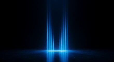 Futuristic glowing neon light beams descending on reflective surface