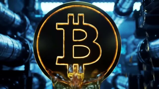 A futuristic crypto mining setup with a glowing bitcoin logo in a high tech industrial environment. The neon lit bitcoin sign represents cryptocurrency and blockchain technology