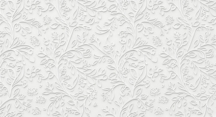 Elegant white floral embossed background with delicate leaf and flower patterns offering a sophisticated and textured design