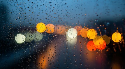 Rain-soaked window with blurred city lights at dusk capturing urban atmosphere